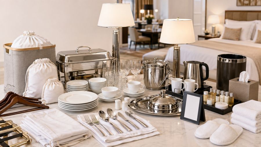 Hospitality essentials including linen, crockery and cutlery