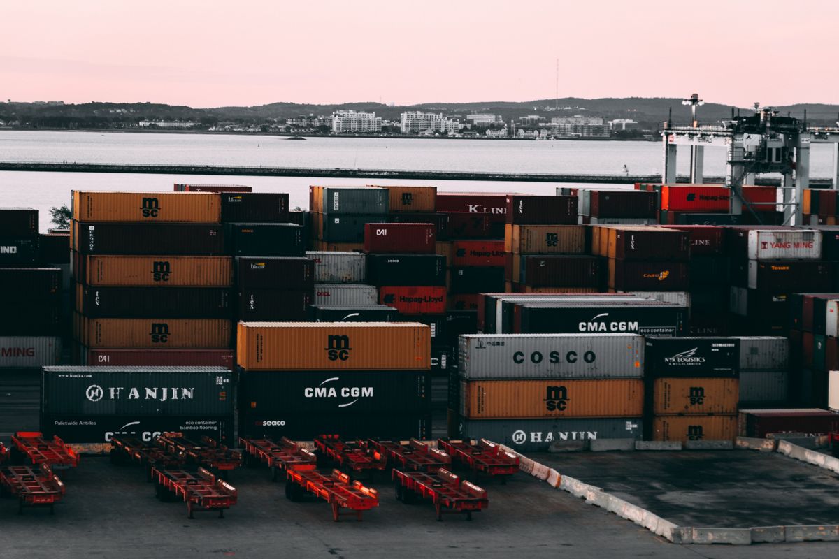 Export-ready shipping containers at a port